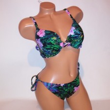 Victoria Secret Swim Bikini 36C Top Medium Bottom Black Tropical Floral Push Up