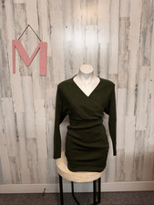 Love Always Olive Green Wrap Mini Dress Size MED Long Sleeve Bodycon Tie Waist V