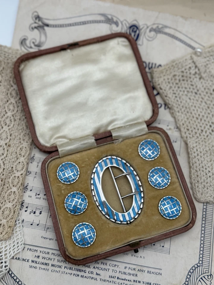 Antique Buckle Button Set 1907 Sterling Silver & Cerulean Blue Guilloché Enamel - Image 2 of 4