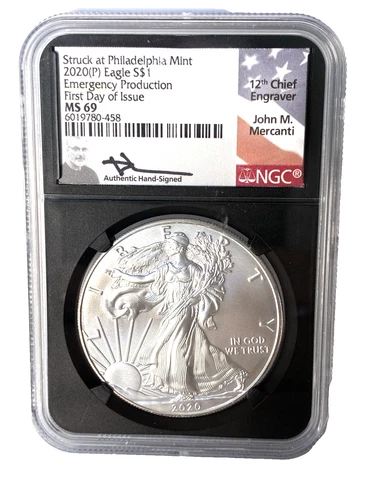 2020 (P) Silver Eagle - NGC MS69 FDOI Emergency Production Mercanti Signed