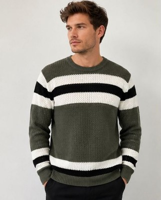 Paolo Pecora Milano Olive Green Striped Open Knit Sweater Size M