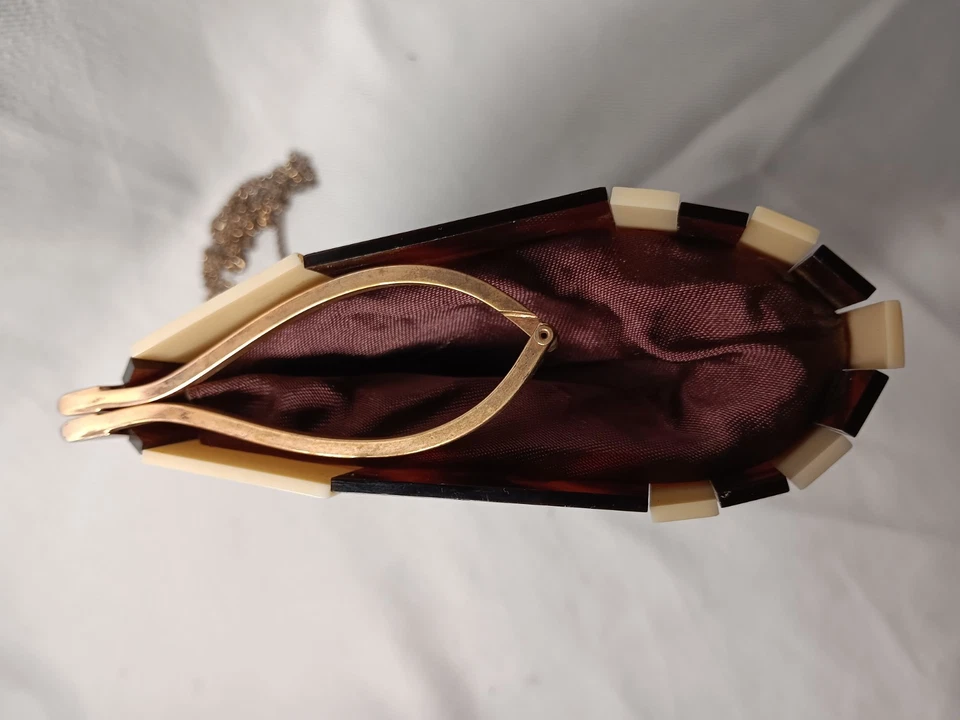 Midcentury exklusive Handtasche zweigestreift braun beige Kunststoff Bakelit - Bild 3 von 4