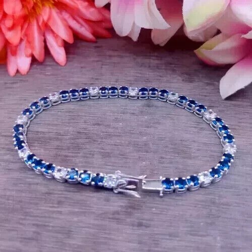 8Ct Round Cut Lab-Created Sapphire Women's Tennis Bracelet 14k White Gold Plated - Picture 3 of 5
