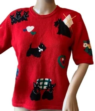 Vintage 90s Susan Bristol Scottie Dog Short Sleeve Sweater S Red Black Argyle