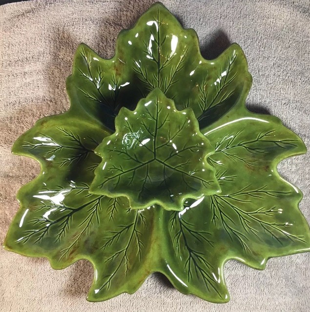 Vintage Ceramic Green Leaf Serving Tray And Bowl By Addy 13” Tray