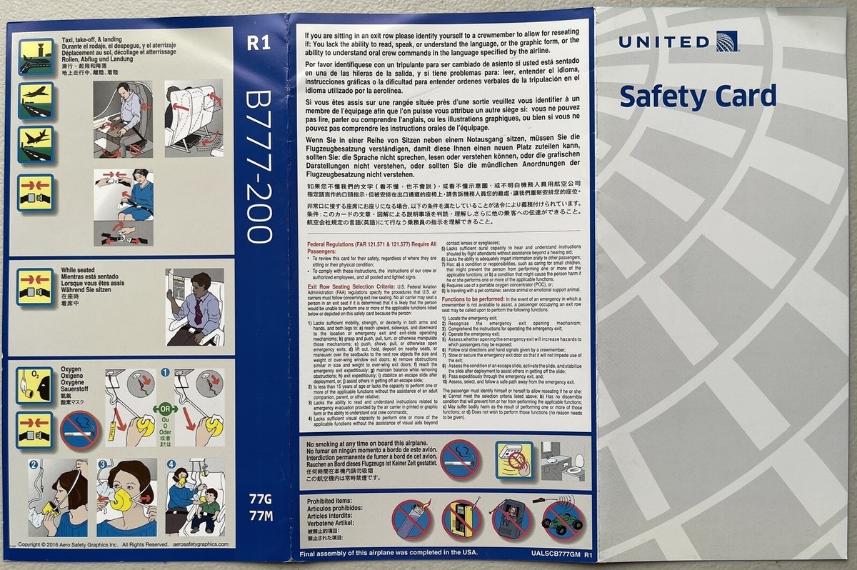 United Airlines Safety Card - Boeing 777-200 - 2016 - R1 - 77G/77M