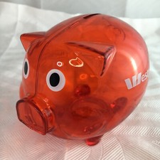 WESTPAC Herald Sun Transparent Red Pig Piggy Money Bank Box Piggybank Moneybank 