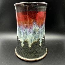 Studio Art Pottery Vase Drip Glaze Blue Red Artist Signed Bill Campbell Style