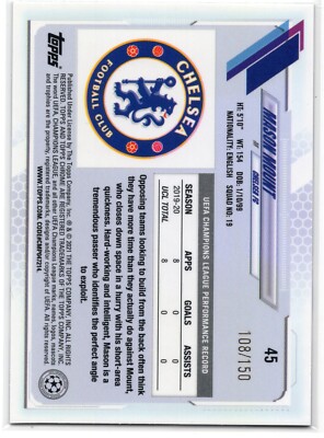 Mason Mount 2020-21 Topps UCL Sapphire no 45 UCL Aqua # /150