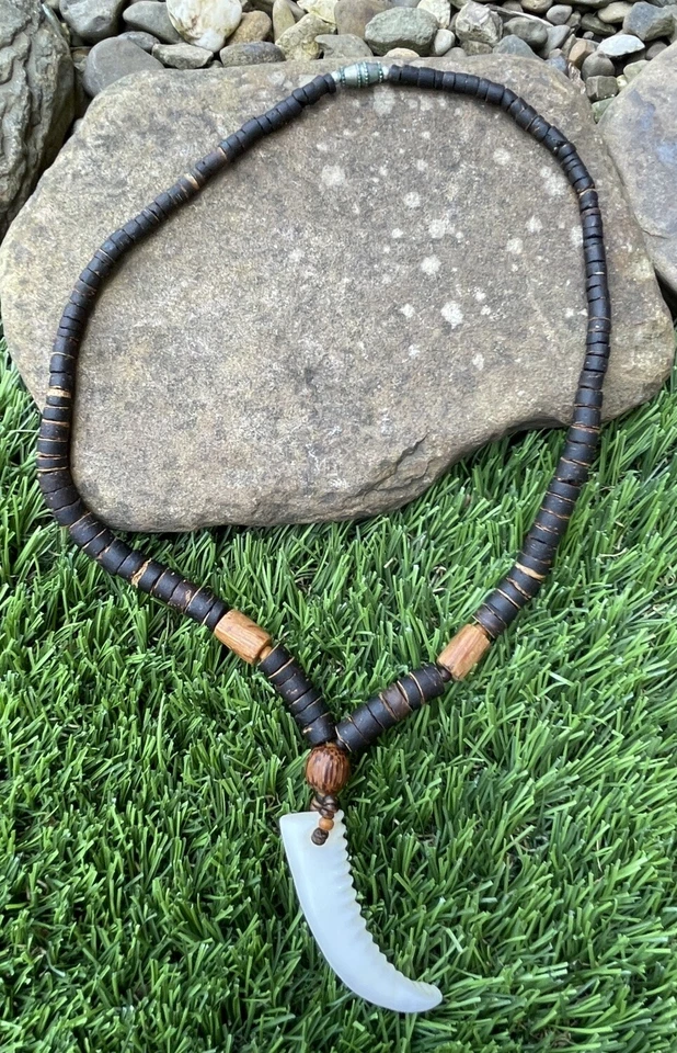 ✅Collar para hombre Hawaii Shell en forma de diente colgante surfista 17,5" madera de puka marrón Foto 4 de 4