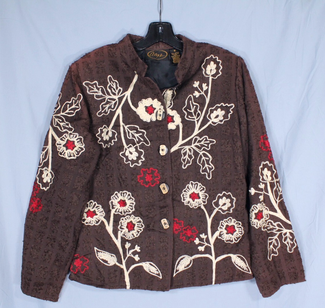 ALEX KIM Brown Tapestry FLORAL ART EMBROIDERED Button-Up JACKET/BLAZER Sz S