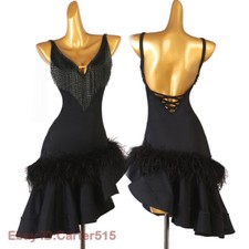 Womens Feather V-Neck Latin Rumba Cha-cha Jazz Samba Performance Dance Dress
