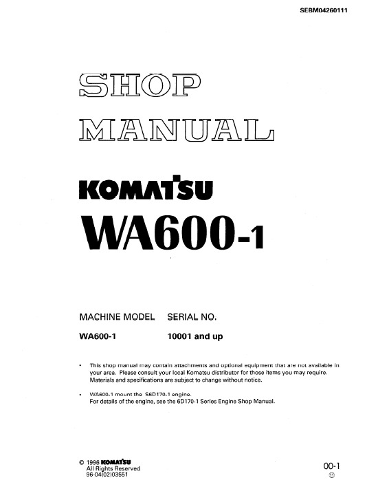 Komatsu Wheel Loader WA600-1 Serial 10001 Shop Manual Service DIGITAL