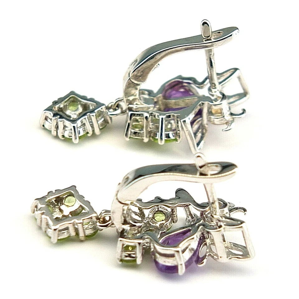 Shola Auténtico Natural Amatista & Peridoto Pendientes 925 Plata de Ley E370 - Imagen 3 de 3