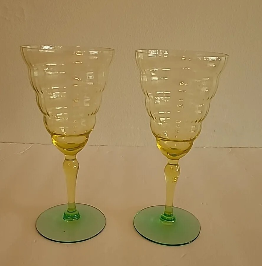 2 Utility Glass Works Cambodia Ware Topaz Vaseline & Green Water