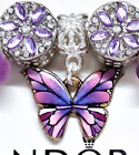Purple Enamel Butterfly Silver Bail European Bracelet Charm Bead & Pouch!