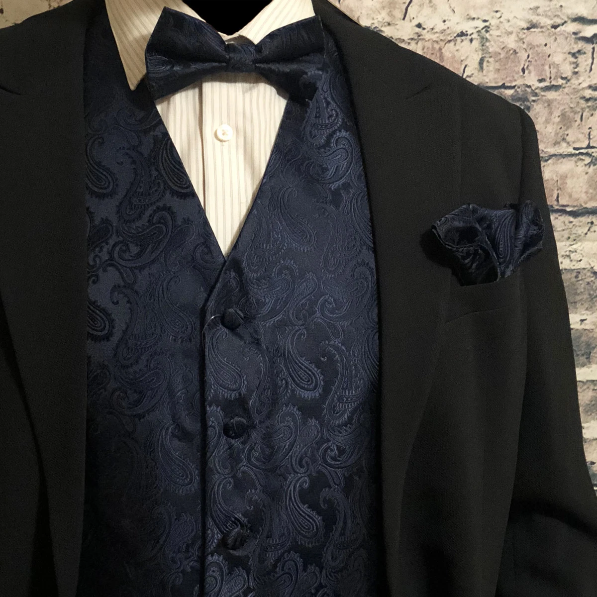 Navy Blue Paisley Vest Waistcoat Bow tie Hanky Formal Wedding