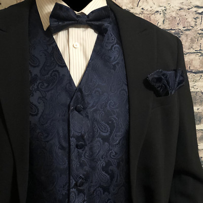 Navy Blue Paisley Vest Waistcoat Bow tie Hanky Formal Wedding Prom Tuxedo  Suit