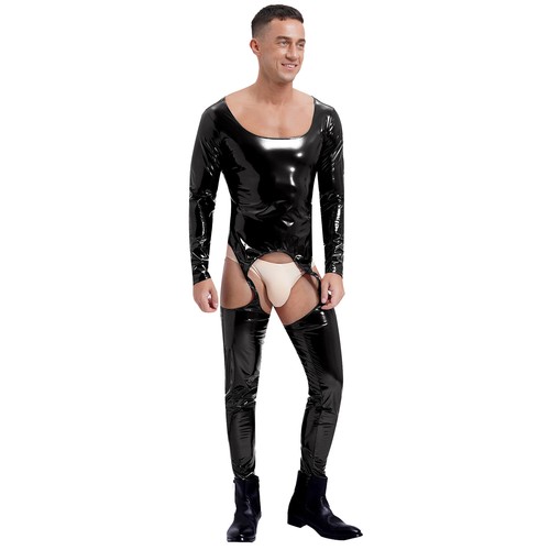 Mens Overalls Sexy Bodysuit Patent Leather Jumpsuit Skinny Romper Faux Catsuit - Picture 19 of 41
