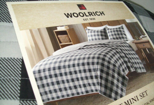 Wool Rich Rustic Gray Black Buffalo Check Plaid King Cal Coverlet Quilt Shams