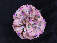 SILKY LIGHT SALMON SCRUNCHIE W/FUCHSIA  OFF WHITE LITTLE FLOWERS