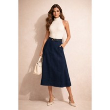 Koret Denim Skirt Womens 18 Dark Blue Minimalist Preppy Classic Modest Midi