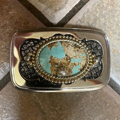 Men's Western Rectangular Silver Tone Belt Buckle Turquoise Stone Fits 1.5 in