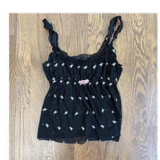 Victoria's Secret Black Mesh Floral Embroidered Camisole Tank Top Bow Lace Up M