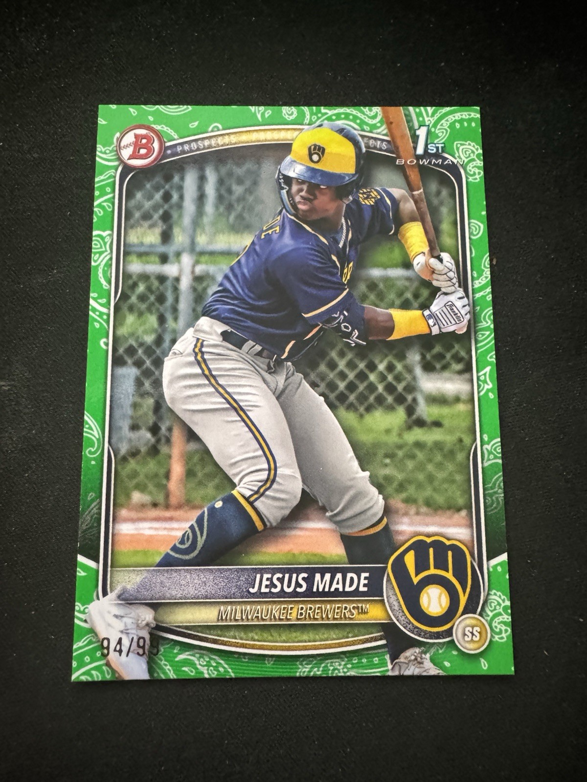 Jesus Made 2025 Bowman 1st #BP-66 Green Bandana Pattern /99 Brewers (1A)