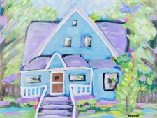 Original Painting Blue House Home Architectural Landscape Impressionistic S