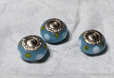 NEW SET OF 3 PANDORA MURANO BEAD - LIGHT BLUE W/ WHITE & GREEN POLKA DOTS - TOO