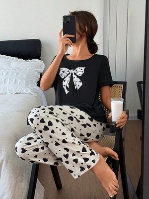 Dream Adore Damen Pyjama Set mit Schleife & Herz Muster Billig24