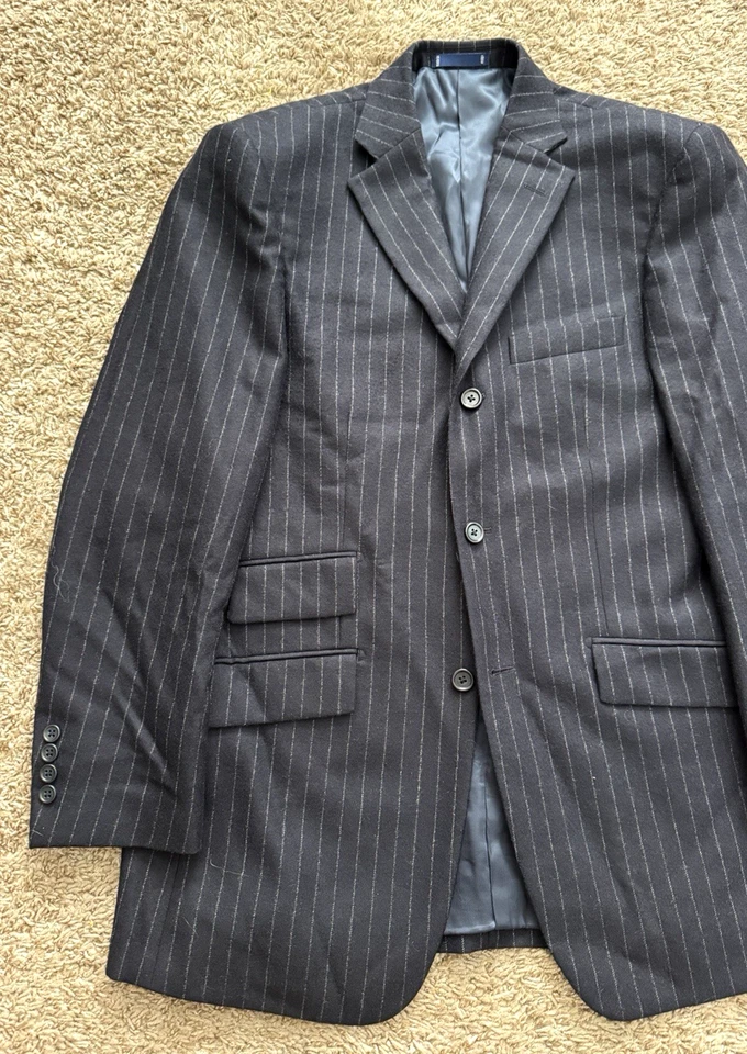 Paul Fredrick Suit Men's 40R - 33W x 29L Flannel Wool 3-Button Black Striped Euc - Image 2 of 4
