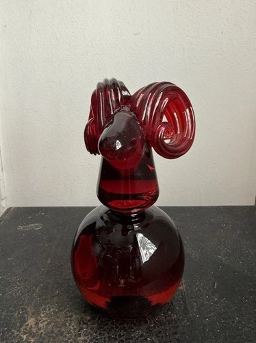 Rare Vintage 1970s Joel Meyers For Blenko Red Art Glass Ram Paperweight