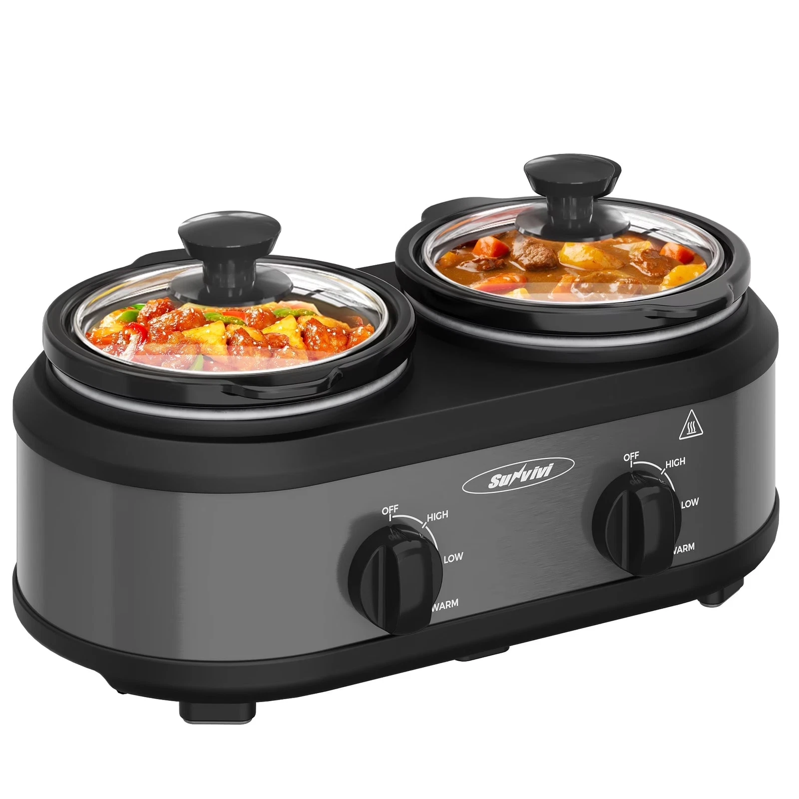 Small Double Slow Cooker, 2 Pot 1.25 Quart Oval Crock Food Warmer Buffet Server,