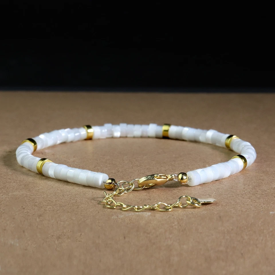 Pulsera Tubo Madreperla Cristal Blanco Chapado en Oro Cadena Ajustable Joyería Foto 4 de 4