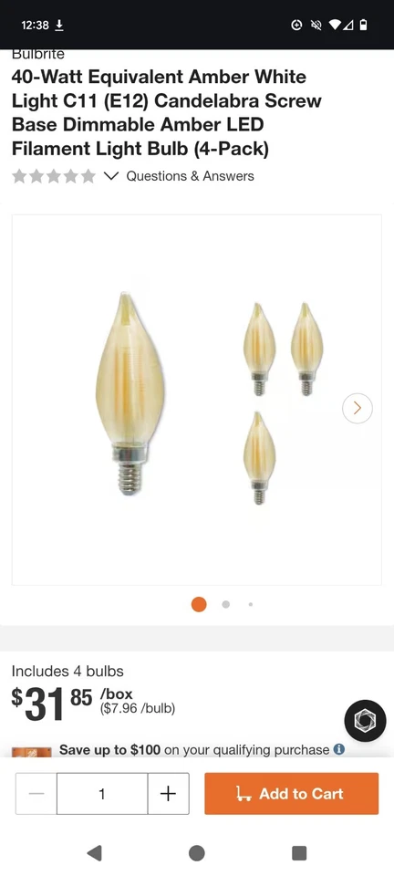 40-Watt Equivalent Amber White Light C11 (E12) Candelabra Screw Base Dimmable... - Image 2 of 4