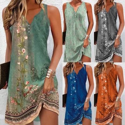 Damen Ärmellos Sommerkleid Urlaubkleid Drucken Retro Minikleid Freizeitkleid DE