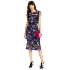 Midi Sheath Dress Phase Eight Kacy Floral Print Black Purple Tie Waist | UK Sale