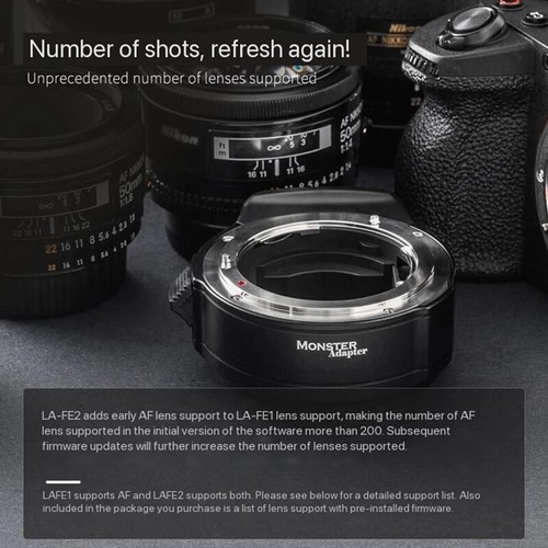 Monster LA-FE2 adattatore obiettivo messa a fuoco automatica per obiettivo Nikon F a fotocamere Sony con attacco elettronico - Foto 9 di 9