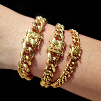 6/8/10/12/14/16/18mm Men Gold Tone Stainless Steel Cuban Link Chain Bracelet