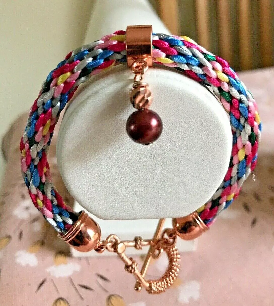 Multi-Coloured Satin Cord Kumihimo 7 Bracelet with Pearl & RGP Bead Charm