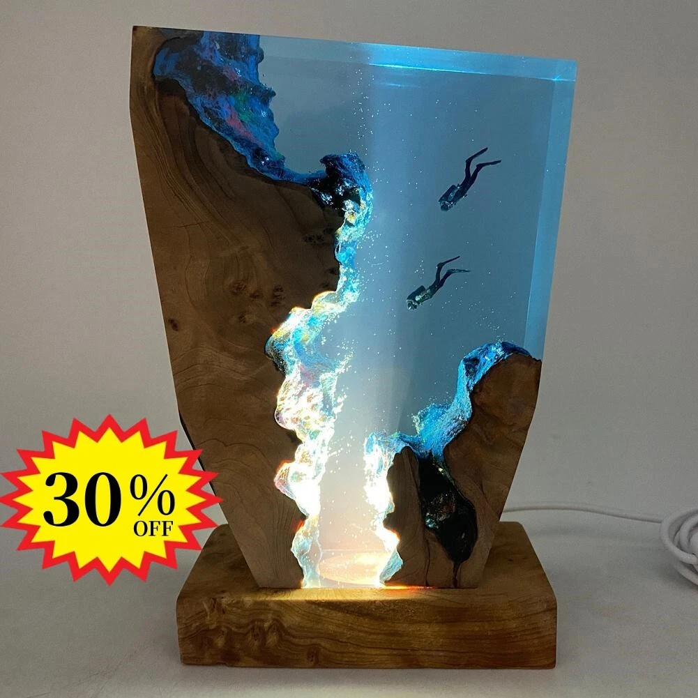 Couple Diver Epoxy Resin Night Light Lamp Deep Blue Sea Handmade