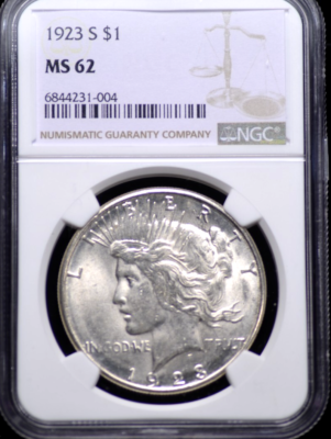 1923 S PEACE DOLLAR NGC MS 62 ORIGINAL, FROSTY, SLIGHTLY GREYING