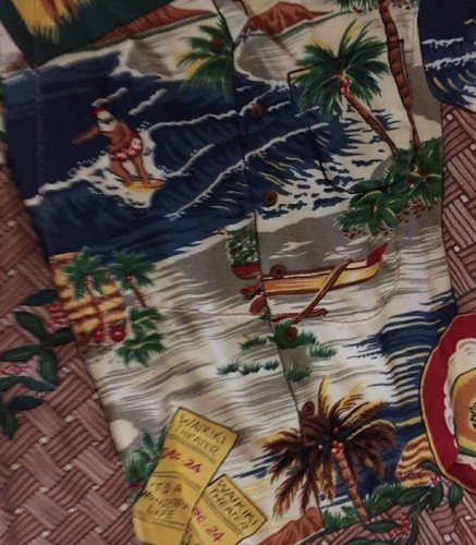 Reyn Spooner MELE KALIKIMAKA Hawaiian Shirt Jingle Bells, Surfing Santa. M RARE - Bild 4 von 12