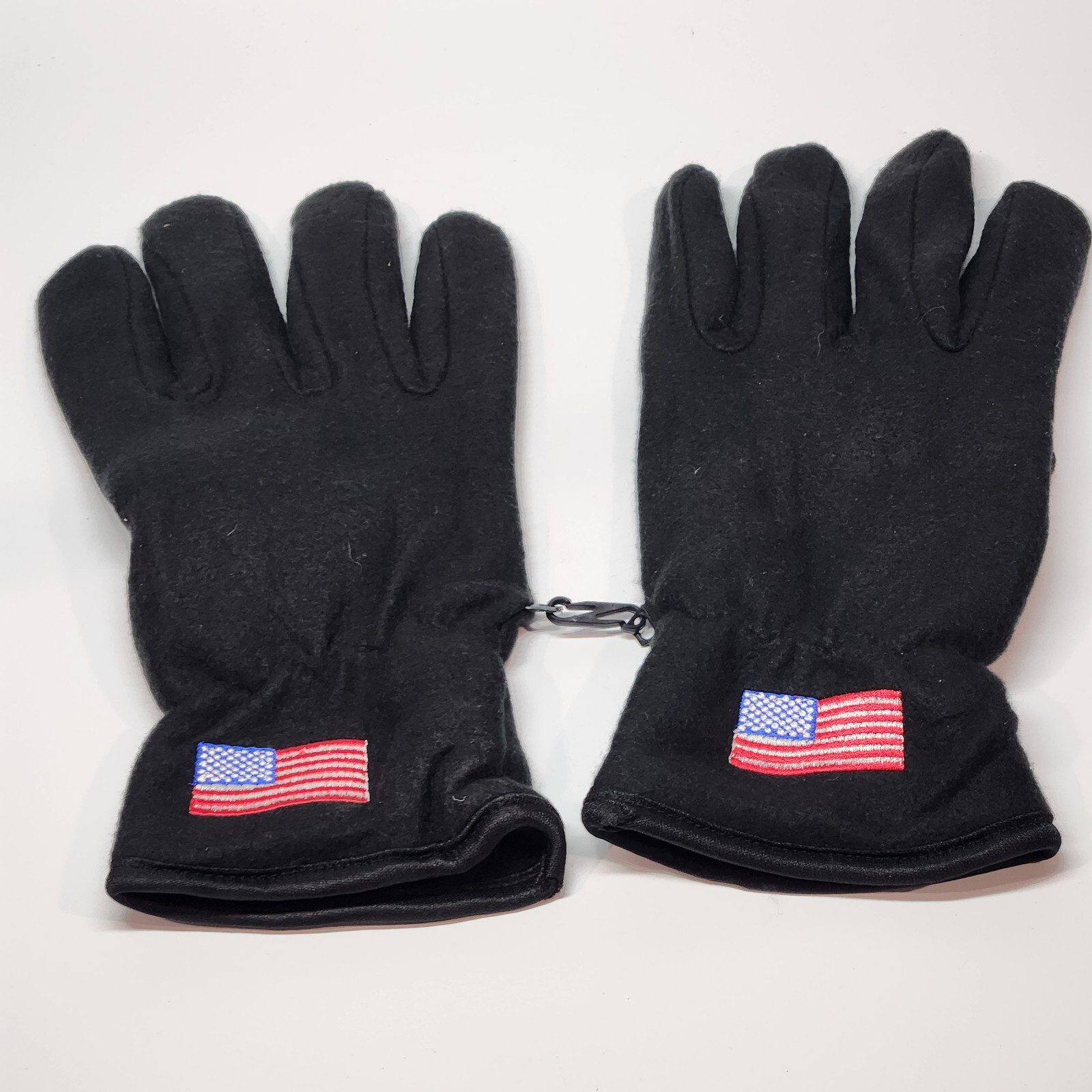 Warm Fleece Lined Black Gloves with Embroidered American Flags & Clip Keeper-image
