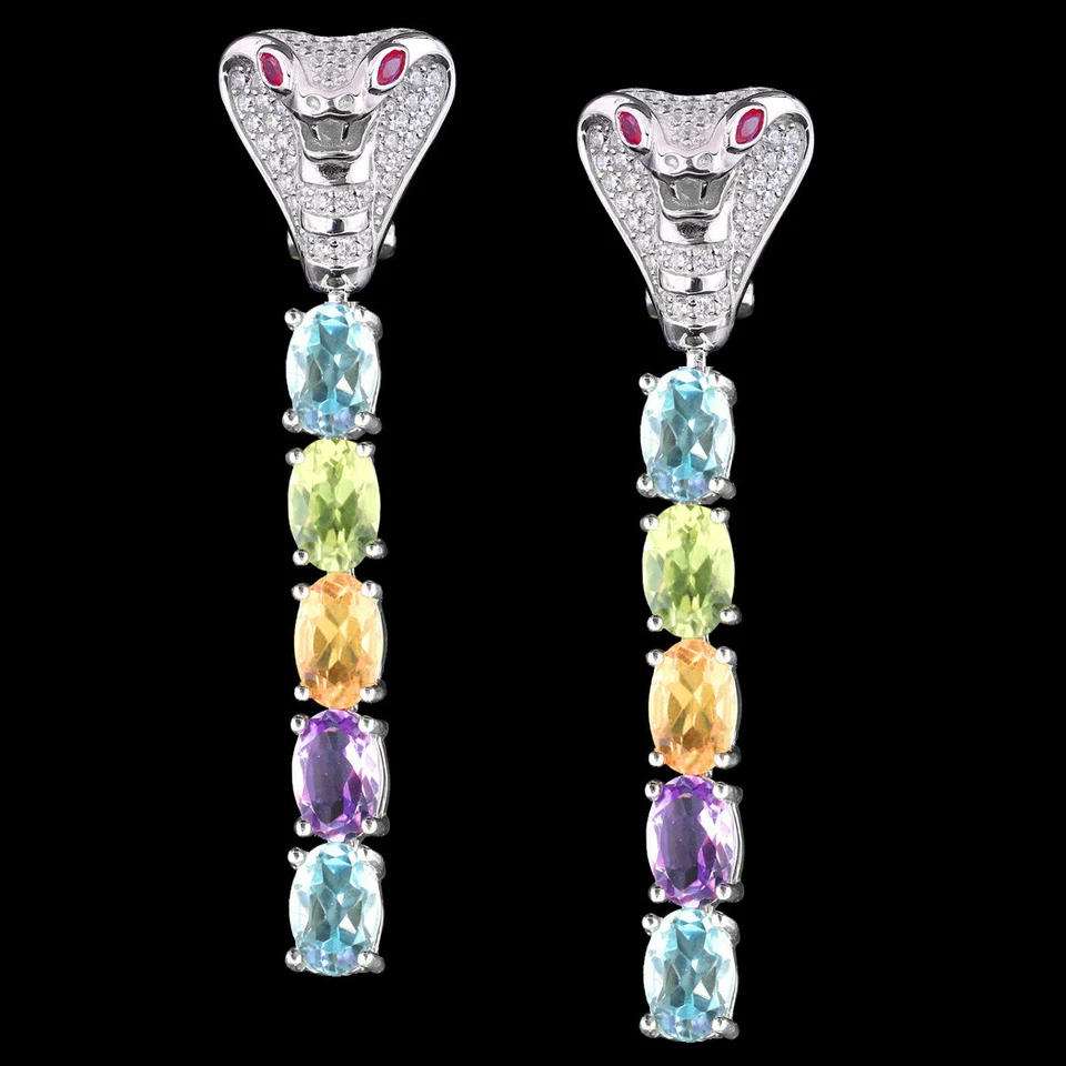Echt Citrin Peridot Amethyst Topas Schlange Kobra Ohrringe Hänger 925 Silber C26 - Bild 2 von 3