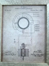Tesla System Of Electrical Distribution Wood Framed Patent Print Schematic 8X10