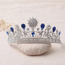 Silver Tiara Bridal Crown Princess Queen Prom gift real metal diadem blue 