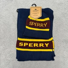 Sperry Scarf & Beanie Cold Weather Gift Set Mens Blue Yellow Spell Out Acrylic